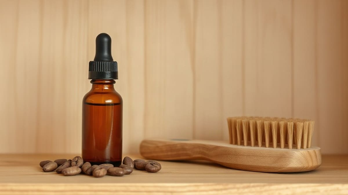 Petit flacon d’huile de ricin ambrée posé près d’une brosse à cheveux en bois