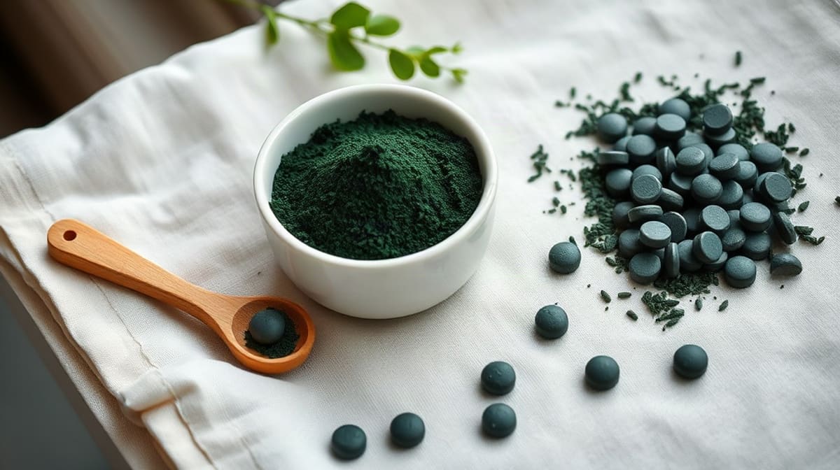Poudre de spiruline vert foncé dans une coupelle en céramique avec une cuillère en bois