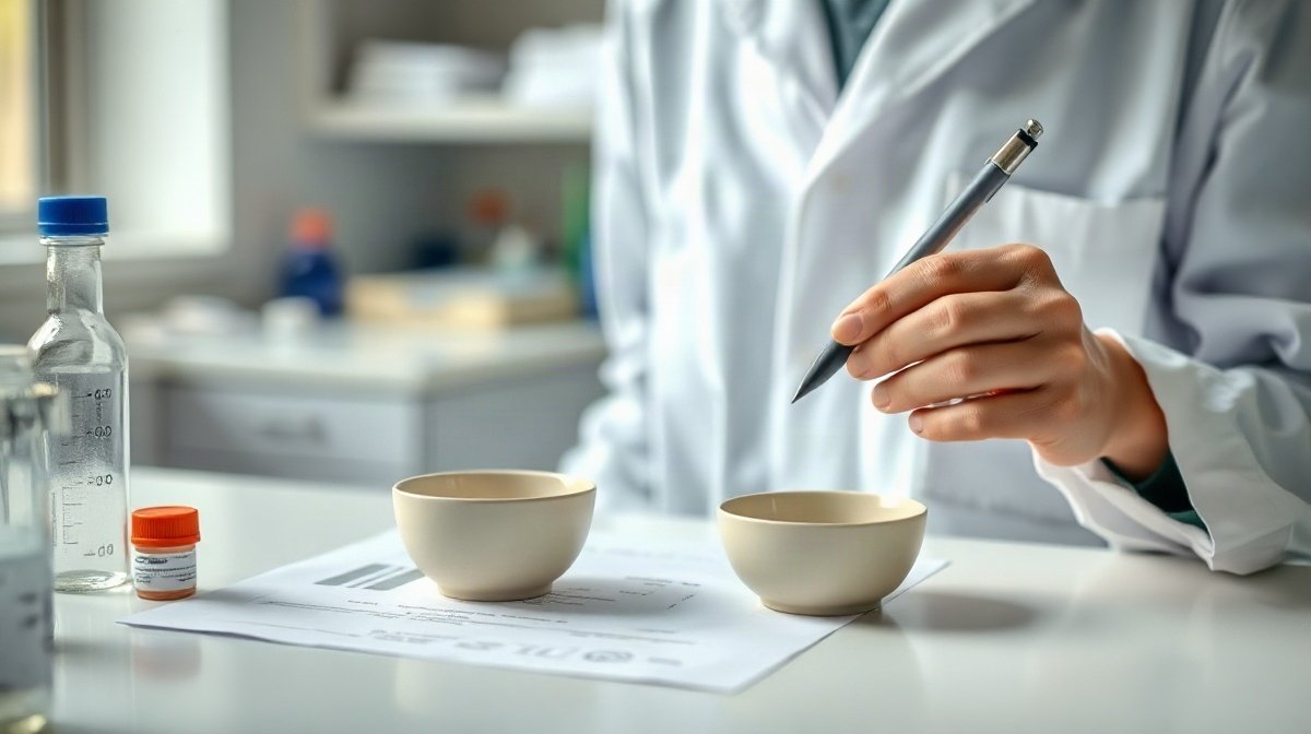 Technicien en blouse examinant un bol d’argile et des documents