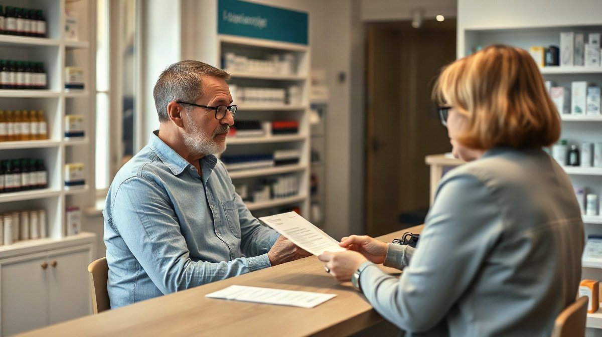 Client assis échangeant avec une pharmacienne, flacon sans étiquette au comptoir