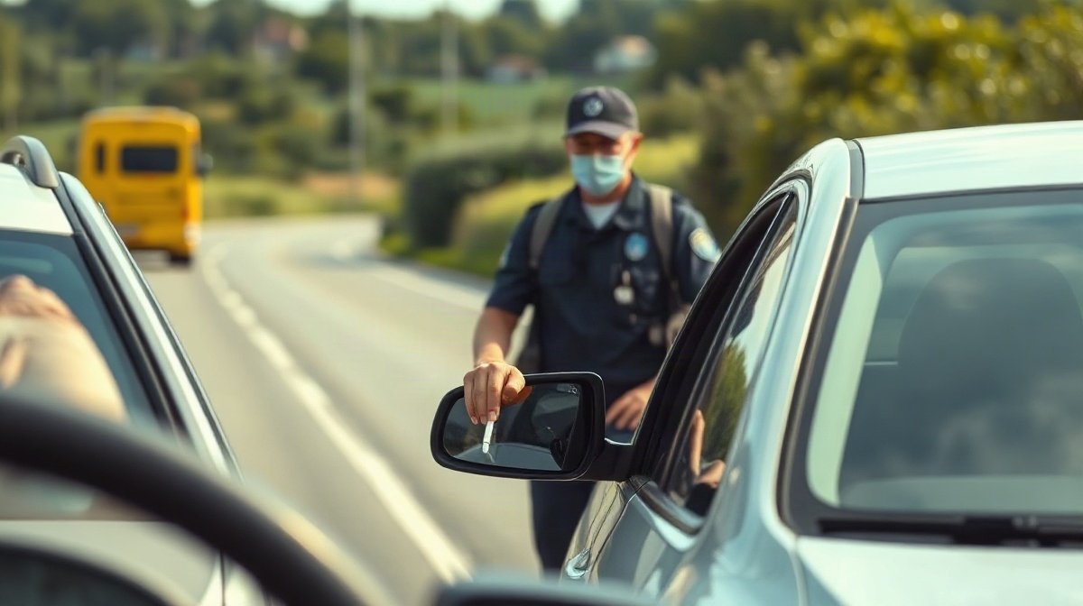 Conducteur français présentant un test salivaire à un gendarme beside une voiture arrêtée