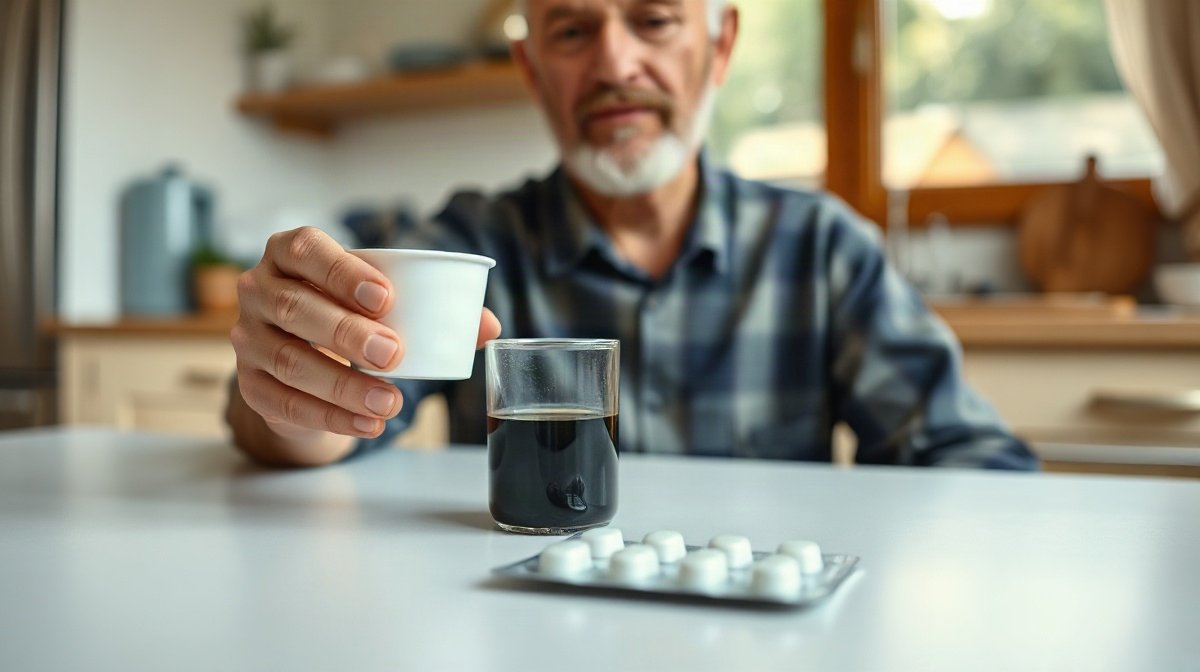 Personne adulte assise, tenant une petite tasse, plaquette de comprimés à part