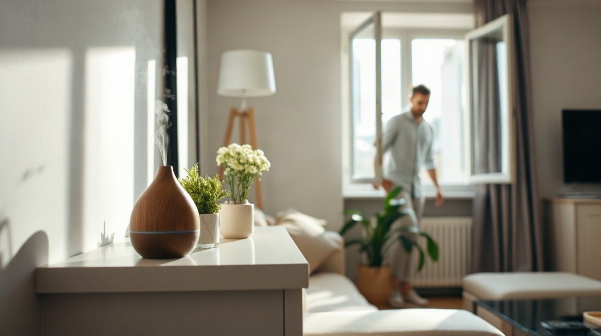 Diffuseur diffusant une fine brume sur une étagère, adulte ouvrant une fenêtre