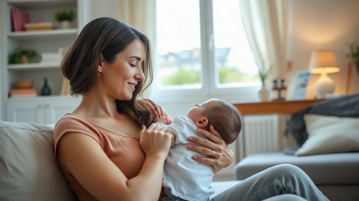 Mère allaitant calmement son nourrisson dans un salon lumineux