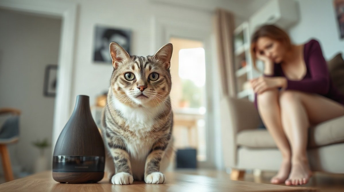 Chat domestique assis près d’un diffuseur d’huiles essentielles éteint
