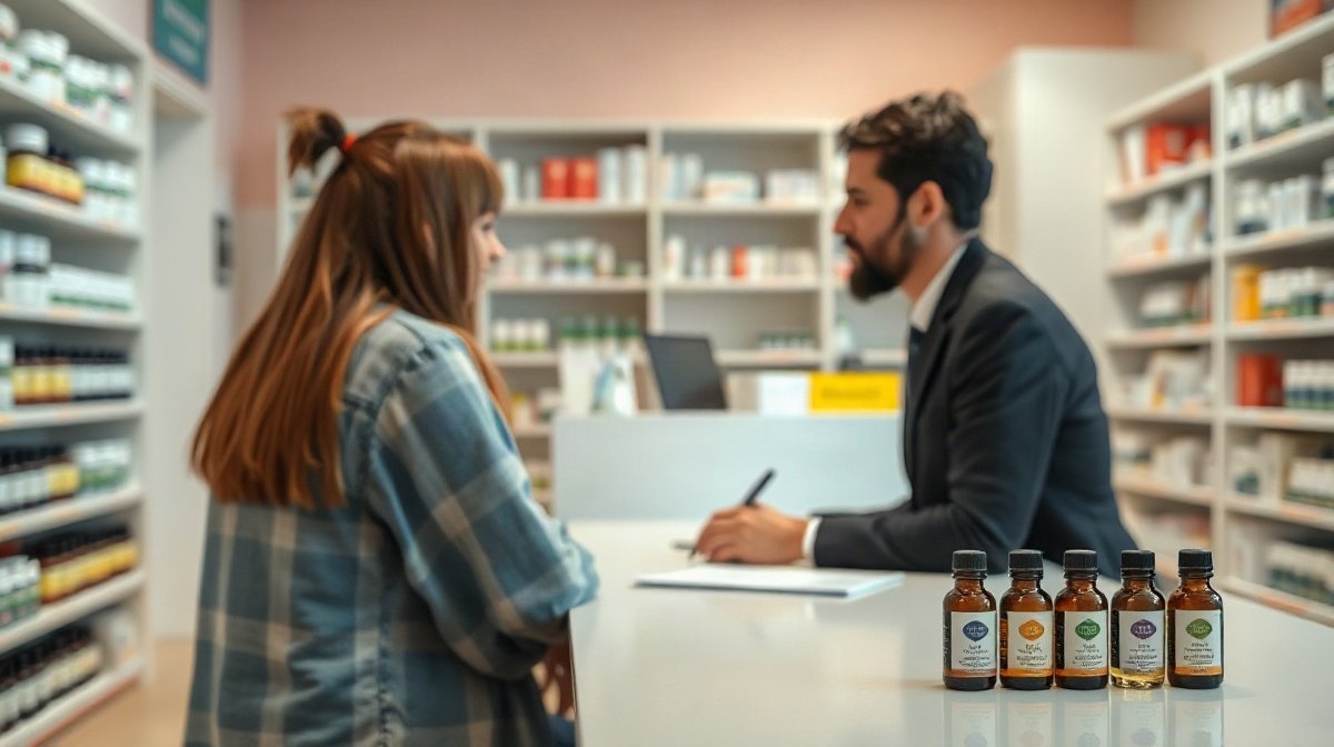 Enfant assis près d’un parent, consultation avec un pharmacien