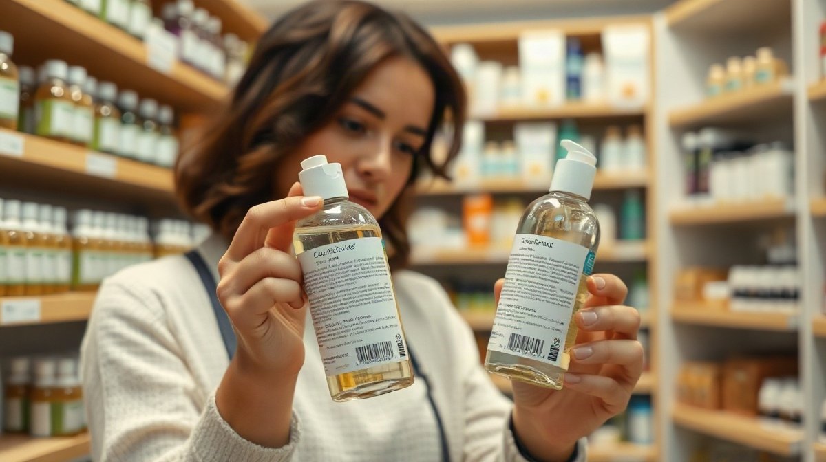 Personne comparant deux flacons sans marque dans une pharmacie