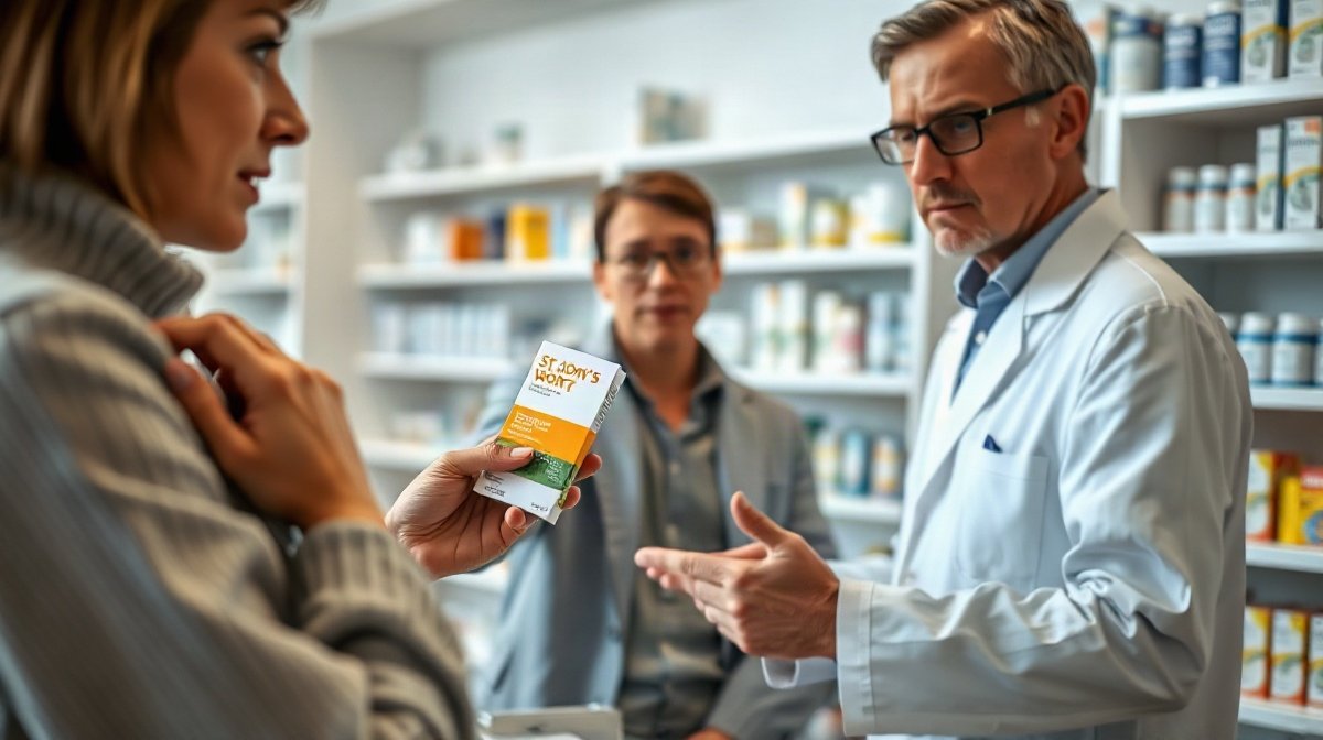 Pharmacien montrant des boîtes à un client tenant une boîte non étiquetée