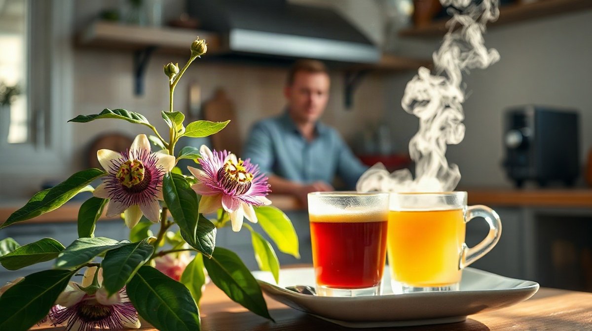 Passiflore en fleurs près d’une tasse d’infusion fumante, adulte assis en arrière-plan