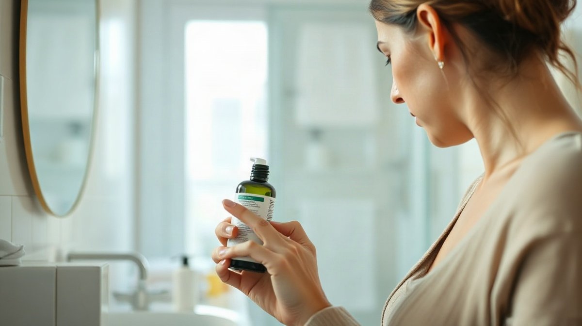 Femme examinant l’étiquette arrière d’un flacon cosmétique dans une salle de bains