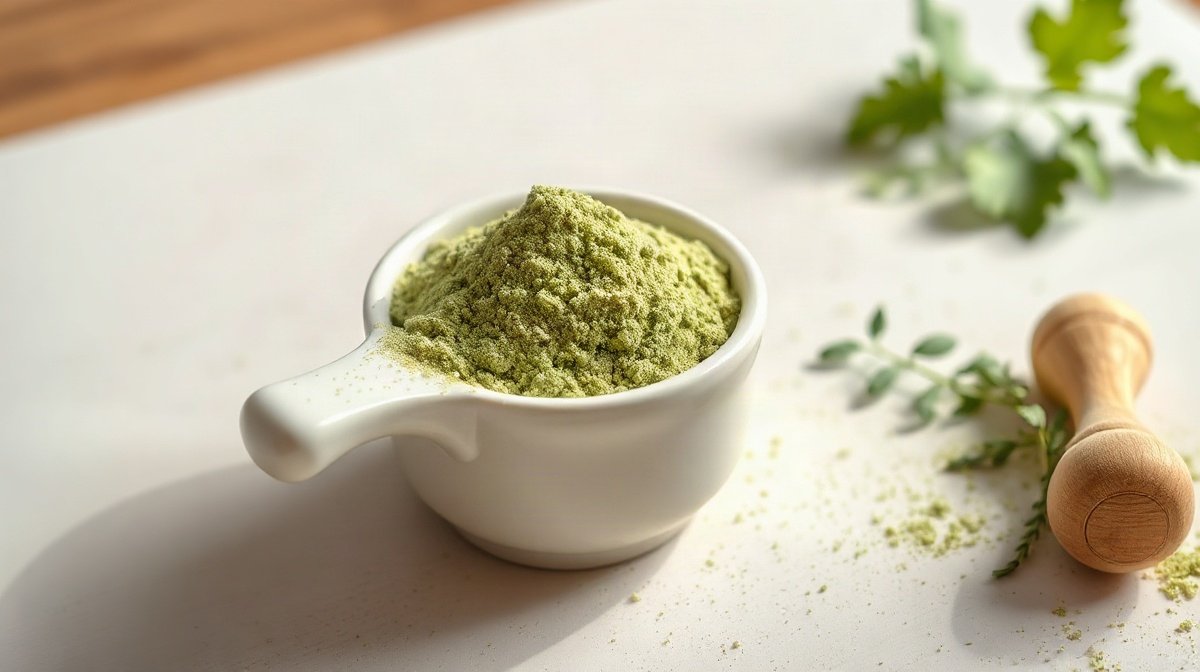 Poudre vert foncé dans une coupelle blanche avec cuillère en bois